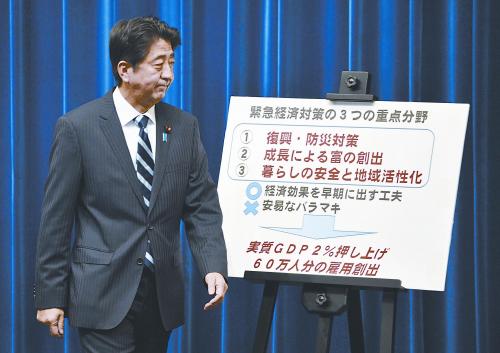 日本首相安倍晉三11日出席記者會(huì)。當(dāng)天，安倍內(nèi)閣通過(guò)了超過(guò)20萬(wàn)億日元的經(jīng)濟(jì)刺激計(jì)劃。