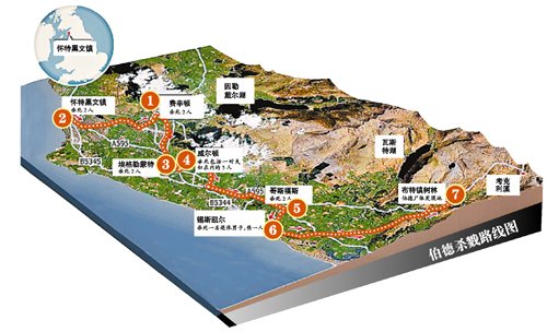 槍殺案示意圖，槍手在若干個地方向不同的人開槍